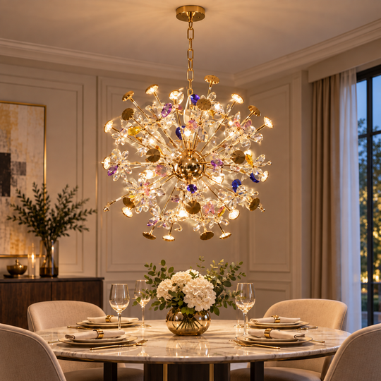 CC372-600GD product gallery cover: FloraLux 32xG4 gold crystal chandelier in a dining room