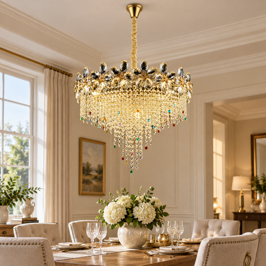 Candelabru Cristal BLOSSOM Eleganza, 6xE14, 50cm, Auriu Lucios, Inaltime Reglabila, Metal si Cristal