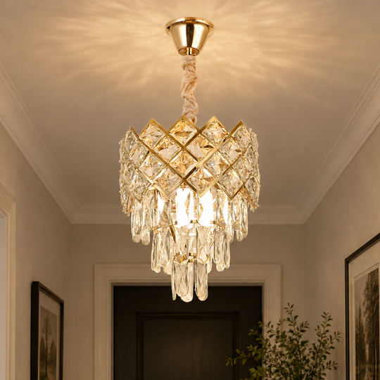 Candelabru Cristal VECTORIA Petito 3xE14, Diametru 28cm, Auriu, Inaltime Reglabila, Metal si Cristal