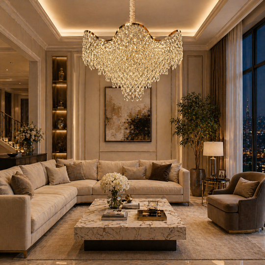 Candelabru Cristal VELOURA Eleganza 9xE14, D50 cm, Auriu, Inaltime Reglabila, Metal si Cristal Candelabre Cristal Default Title Alessandro Design