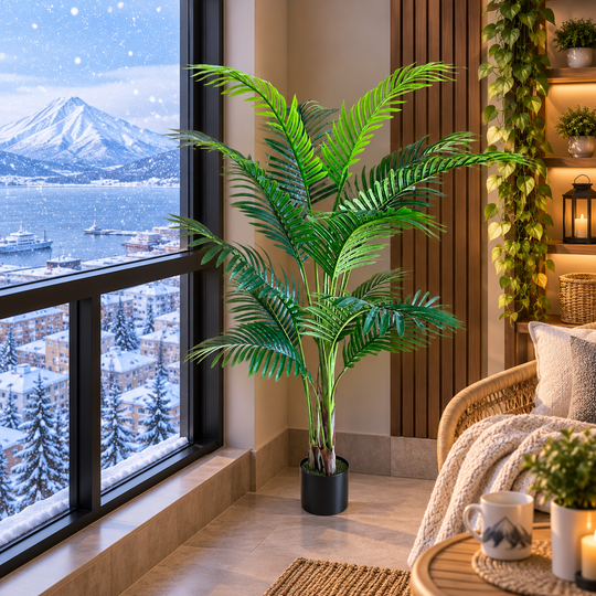 Planta Artificială Copac Tip Palmier Kentia, 3 tulpini, 17 frunze, 160 cm, Verde, cu Ghiveci