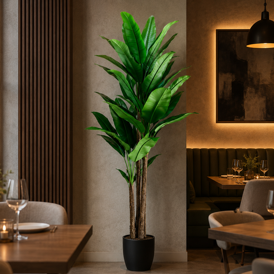 Planta Artificială Copac Tip Bananier, 190 cm, 3 tulpini, 27 frunze, Verde, cu Ghiveci