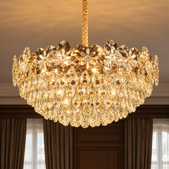 Candelabru Cristal JARDIN Regalis 24xE14, Diametru 80cm, Inaltime 40cm, Auriu Lucios, Inaltime Reglabila, Design Elegant
