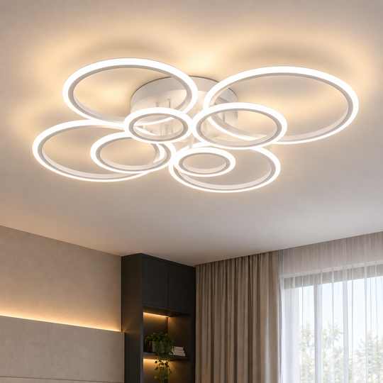 Lustra LED cu telecomanda BETTY 127W, 8 Cercuri, lumina Rece/Calda/Neutra, Dimabila, Alb