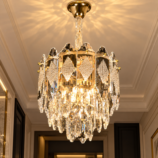 Candelabru Cristal VELVET Petito, 3xE14, D30 cm, Auriu, Inaltime Reglabila, Metal si Cristal