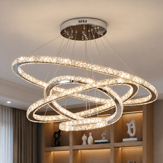 Lustra LED cu Telecomanda PRISM Luminis, Cristal si Metal, 210W, 4 Cercuri, Dimabila, Lumina Rece/Calda/Neutra, Iluminat Luxos