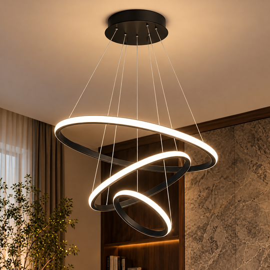Lustra LED suspendata RICCI 81W, 3 Cercuri, lumina Rece/Calda/Neutra, Negru, Inaltime Reglabila
