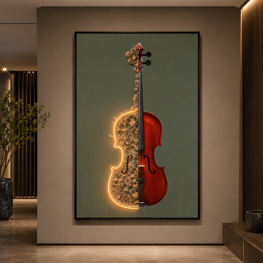 Tablou Decorativ cu iluminare LED Violonul în Floare, 60 x 80 cm, 24W, Lumina Neutra, Aliaj de Aluminiu si MDF
