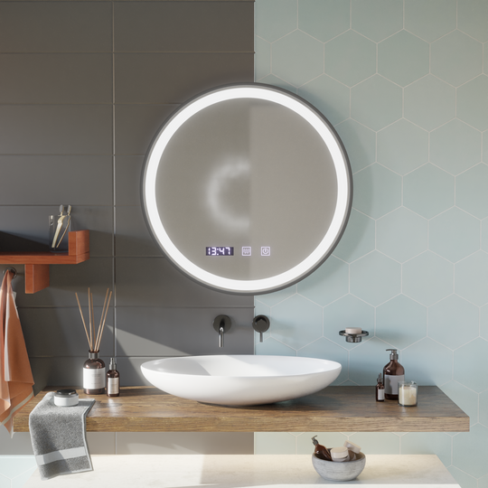 Oglinda LED Touch NOVARA Sistem Dezaburire, Ceas si Temperatura 90 cm Rama Negru Brushed Oglinzi Korman S Default Title Alessandro Design