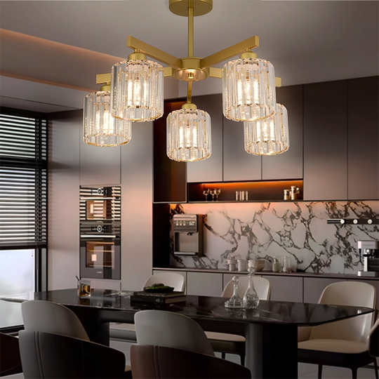 Lustra Clasica Moderna LC110/5GD cu Cristal, 5xE27, Auriu, Metal si Cristal