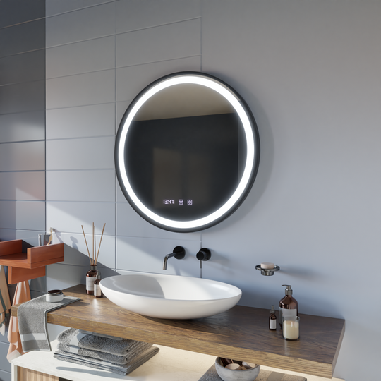 Oglinda LED Touch NOVARA Sistem Dezaburire, Ceas si Temperatura 50 cm Rama Negru Brushed Oglinzi Korman S Default Title Alessandro Design