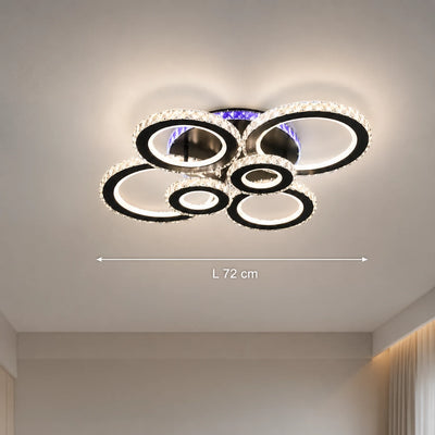 Lustra LED cu telecomanda si cristal NOVA ROTONDA RGB 145W, 6 Cercuri, lumina Rece/Calda/Neutra, Dimabila, Negru
