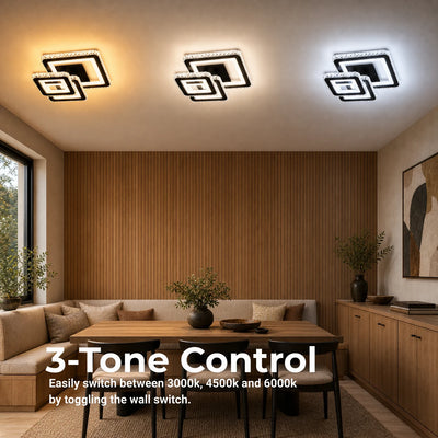 Lustra LED cu telecomanda si cristal LEILA 88W, 3 Patrate, lumina Rece/Calda/Neutra, Dimabila, Negru Crom Lucios