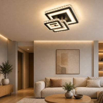 Lustra LED cu telecomanda si cristal LEILA 88W, 3 Patrate, lumina Rece/Calda/Neutra, Dimabila, Negru Crom Lucios