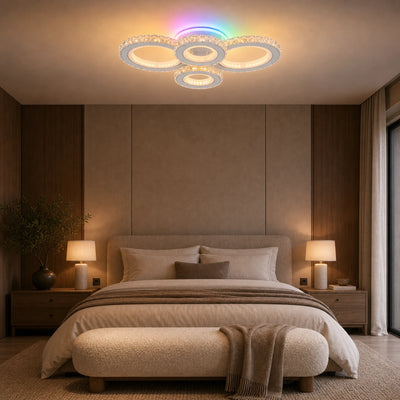 Plafoniera LED cu telecomanda si cristal NOVA ROTONDA RGB 82W, 4 Cercuri, lumina Rece/Calda/Neutra, Dimabila, Alb