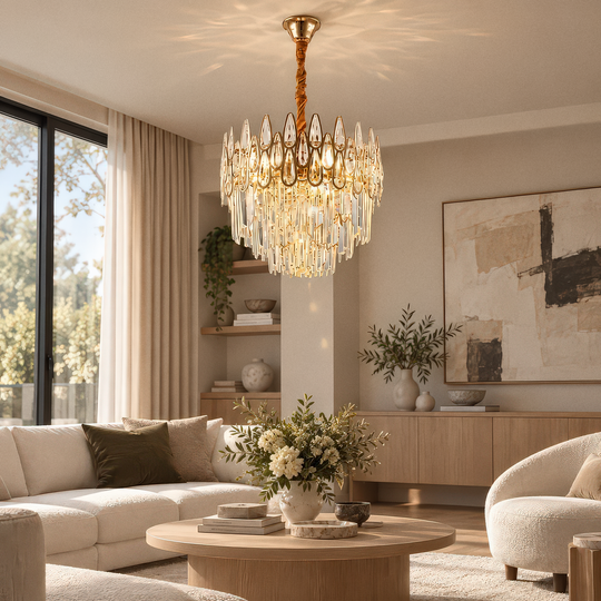 Candelabru Cristal ALHAMBRA Petito 3x E14, Diametru 30cm, Auriu Lucios, Inaltime Reglabila
