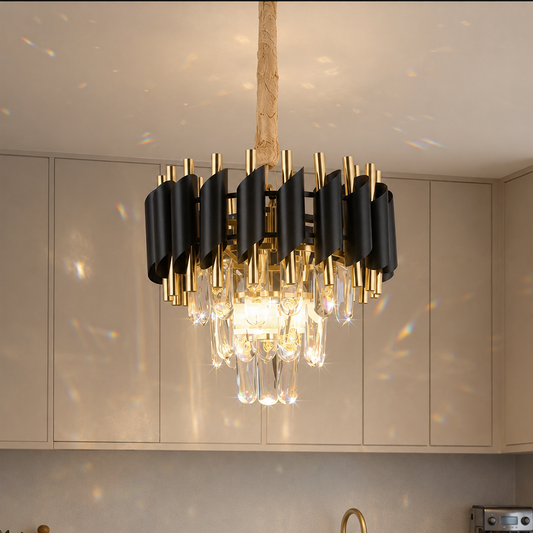 Candelabru Cristal VERSAILLES Petito 3xE14, Diametru 30cm, Auriu Lucios si Negru, Inaltime Reglabila