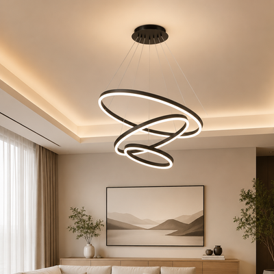 Lustra LED suspendata cu telecomanda CASIANA 85W, 3 Cercuri, lumina Rece/Calda/Neutra, Dimabila, Negru, Inaltime Reglabila
