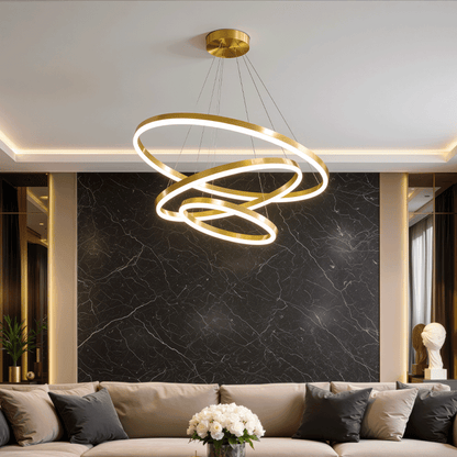 Lustra LED suspendata cu telecomanda ELIZABETH, 85W, 3 Cercuri, lumina Rece/Calda/Neutra, Dimabila, Auriu Lucios, Inaltime Reglabila