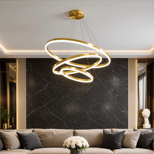 Lustra LED suspendata cu telecomanda ELIZABETH, 85W, 3 Cercuri, lumina Rece/Calda/Neutra, Dimabila, Auriu Lucios, Inaltime Reglabila