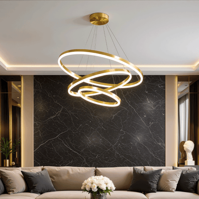 Lustra LED suspendata cu telecomanda ELIZABETH, 85W, 3 Cercuri, lumina Rece/Calda/Neutra, Dimabila, Auriu Lucios, Inaltime Reglabila