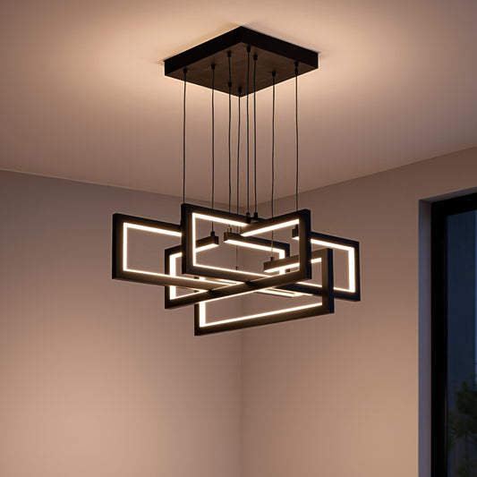 Lustra LED cu telecomanda ,Suspendata 96W, 4 Elemente, lumina Rece/Calda/Neutra, Dimabila, Inaltime Reglabila, Negru