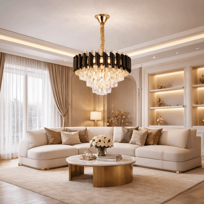 Candelabru Cristal VERSAILLES Nobile 5xE14, Diametru 40cm, Auriu Lucios si Negru