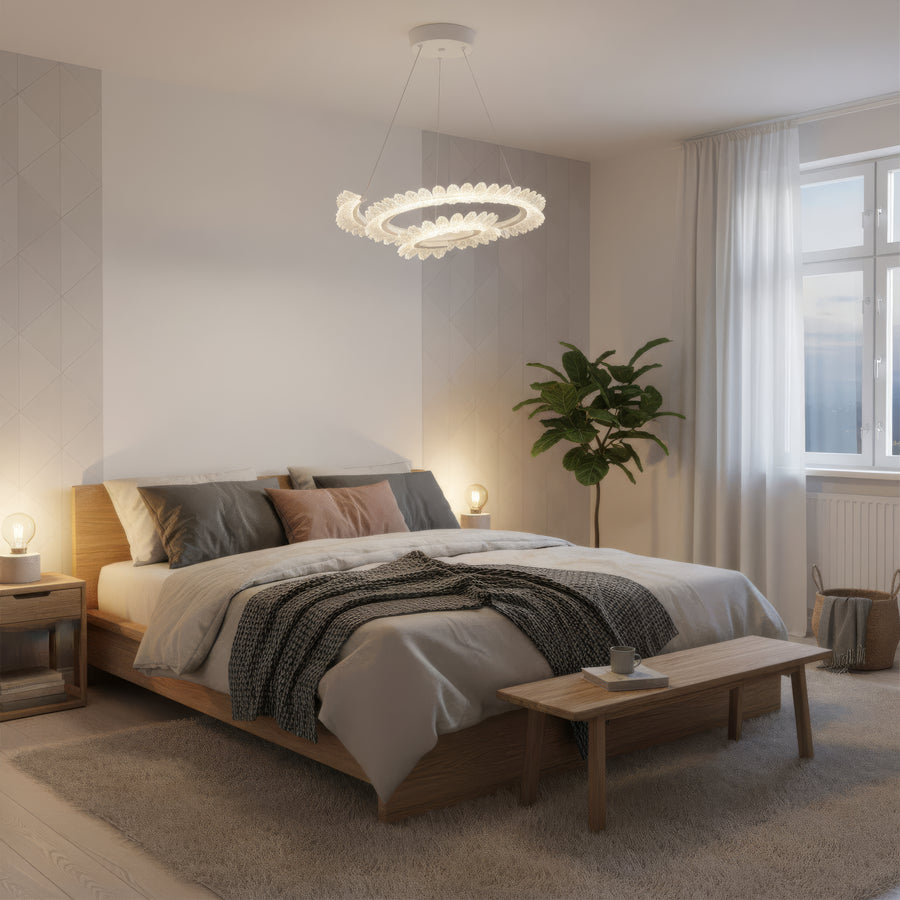 Lustra LED cu Telecomanda  LT188WH, Cristal si Metal, 40W, Dimabila, Inaltime Reglabila, Lumina Rece/Calda/Neutra, Iluminat Luxos