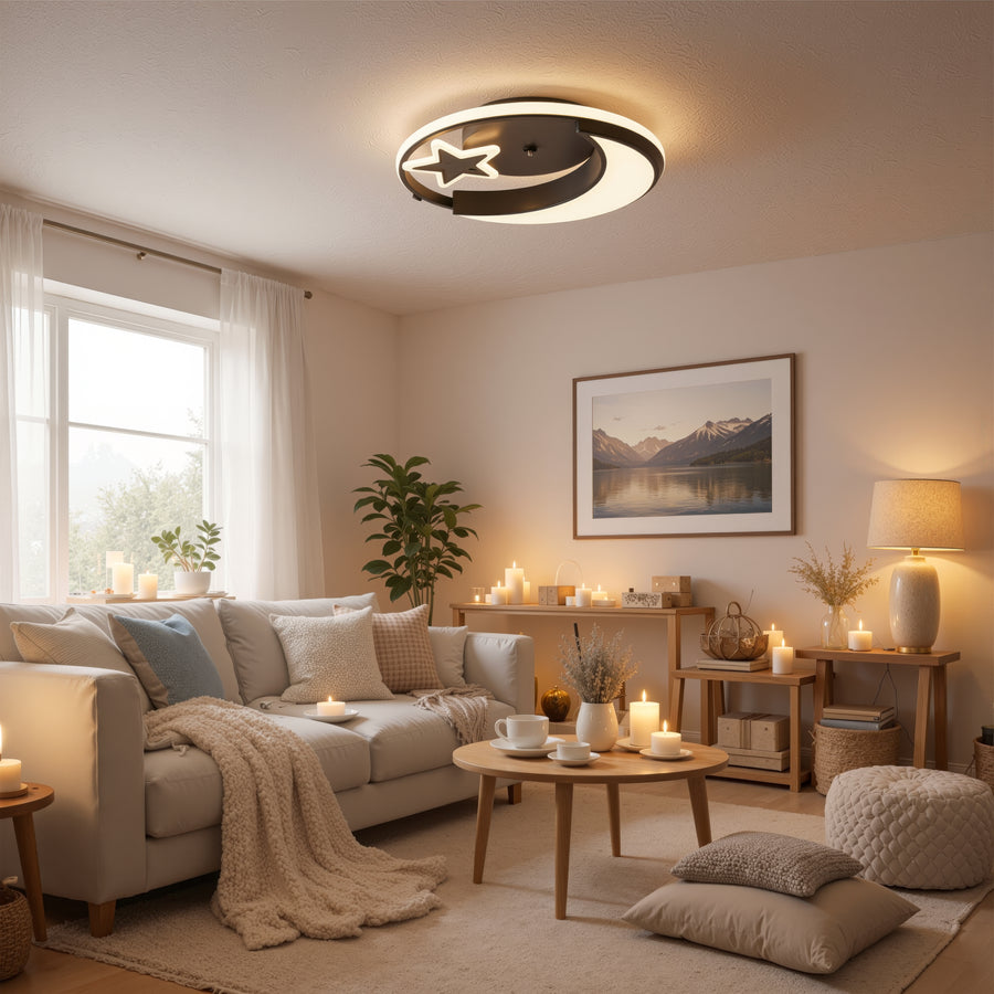 Lustra LED cu telecomanda ALYONA 44W, Luna si Stea, lumina Rece/Calda/Neutra, Dimabila, Negru