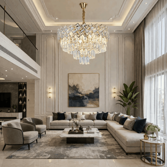 Candelabru Cristal WINDSOR Eleganza 8x E14, Diametru 39cm, Auriu Lucios, Inaltime Reglabila, Metal si Cristal