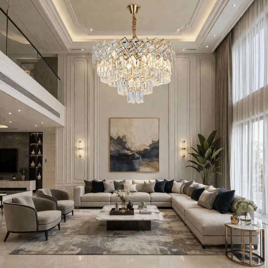 Candelabru Cristal WINDSOR Eleganza 8x E14, Diametru 39cm, Auriu Lucios, Inaltime Reglabila, Metal si Cristal