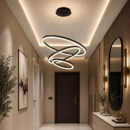 Lustra LED suspendata cu telecomanda CASIANA 85W, 3 Cercuri, lumina Rece/Calda/Neutra, Dimabila, Negru, Inaltime Reglabila