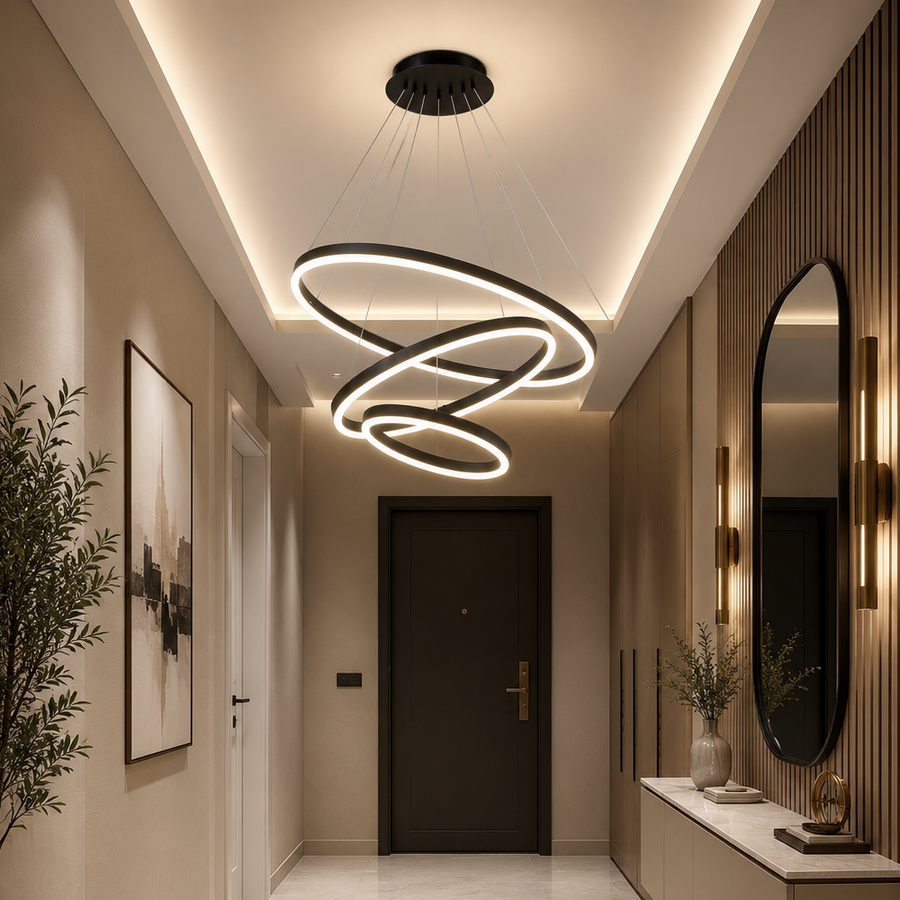 Lustra LED suspendata cu telecomanda CASIANA 85W, 3 Cercuri, lumina Rece/Calda/Neutra, Dimabila, Negru, Inaltime Reglabila