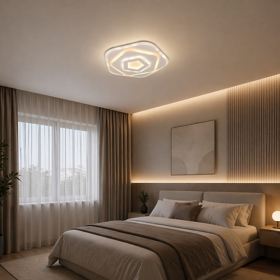 Lustra LED cu Telecomanda PENTAGON 59W, 40cm, Lumina Rece/Calda/Neutra 3000K/4000K/6000K, Alb, Metal si Acril
