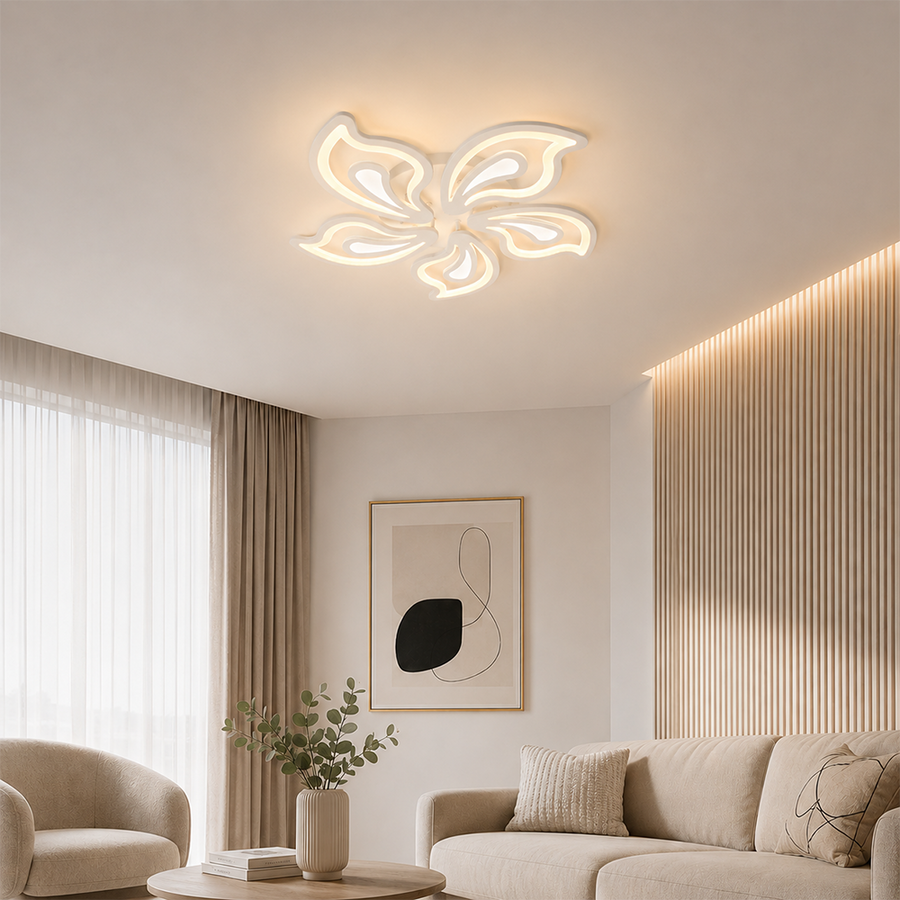 Lustra LED cu telecomanda LILY 86W, 5 Elemente, lumina Rece/Calda/Neutra, Dimabila, Alb