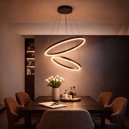 Lustra LED suspendata cu Telecomanda CASIANA 40W, 2 Cercuri, Lumina Rece/Calda/Neutra 3000K/4000K/6000K, Dimabila, Negru, Inaltime Reglabila, Metal si Acril