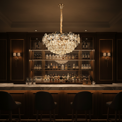 Candelabru Cristal JARDIN Magno 14xE14, Diametru 60cm, Inaltime 35cm, Auriu Lucios, Inaltime Reglabila, Design Elegant