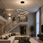 Lustra LED suspendata cu telecomanda CASIANA 85W, 3 Cercuri, lumina Rece/Calda/Neutra, Dimabila, Negru, Inaltime Reglabila