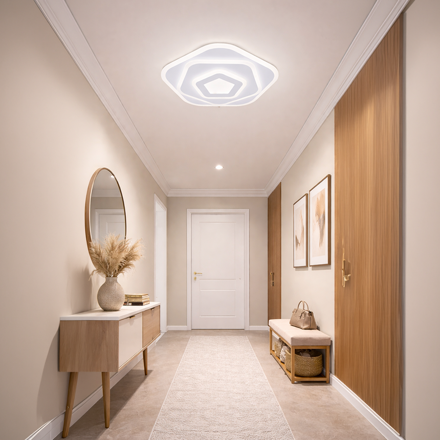 Lustra LED cu Telecomanda PENTAGON 59W, 40cm, Lumina Rece/Calda/Neutra 3000K/4000K/6000K, Alb, Metal si Acril