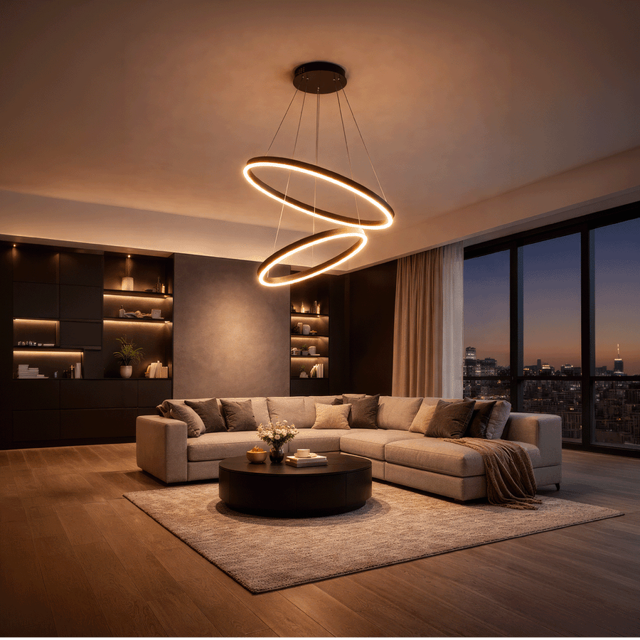 Lustra LED suspendata cu Telecomanda CASIANA 40W, 2 Cercuri, Lumina Rece/Calda/Neutra 3000K/4000K/6000K, Dimabila, Negru, Inaltime Reglabila, Metal si Acril