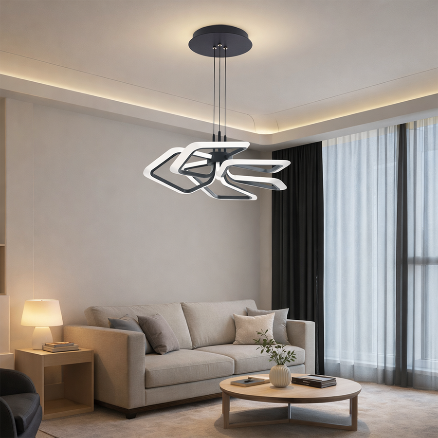 Lustra LED suspendata cu Telecomanda 103W, 5 Patrate, lumina Rece/Calda/Neutra, Dimabila, Negru