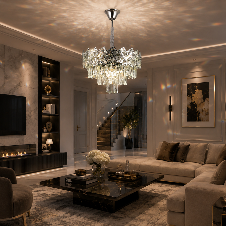 Candelabru Cristal WINDSOR Nobile 5xE14, Diametru 39cm, Crom Lucios, Inaltime Reglabila