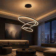 Lustra LED suspendata cu telecomanda CASIANA 85W, 3 Cercuri, lumina Rece/Calda/Neutra, Dimabila, Negru, Inaltime Reglabila