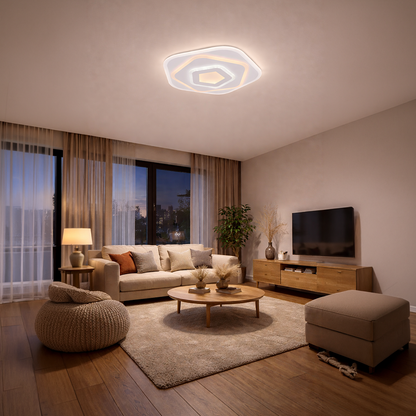 Lustra LED cu Telecomanda PENTAGON 59W, 40cm, Lumina Rece/Calda/Neutra 3000K/4000K/6000K, Alb, Metal si Acril