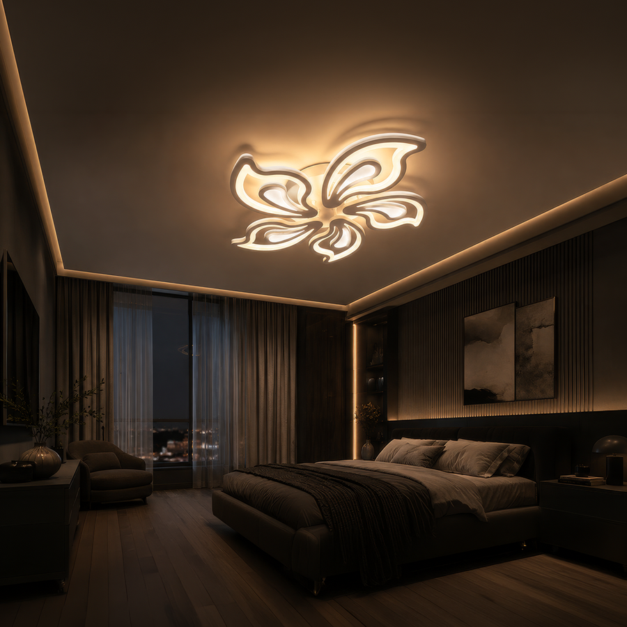 Lustra LED cu telecomanda GLORIOSA 95W, 5 Petale, lumina Rece/Calda/Neutra, Dimabila, Alb