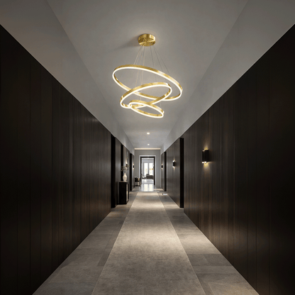 Lustra LED suspendata cu telecomanda ELIZABETH, 85W, 3 Cercuri, lumina Rece/Calda/Neutra, Dimabila, Auriu Lucios, Inaltime Reglabila
