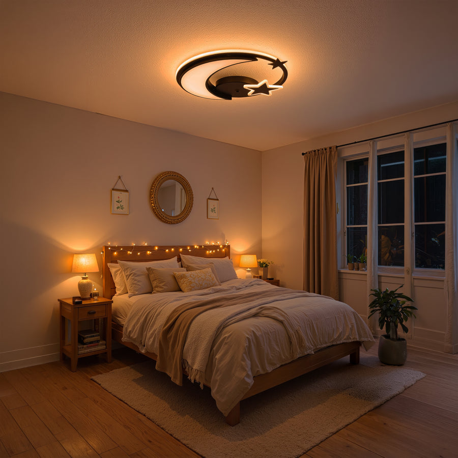 Lustra LED cu telecomanda ALYONA 44W, Luna si Stea, lumina Rece/Calda/Neutra, Dimabila, Negru