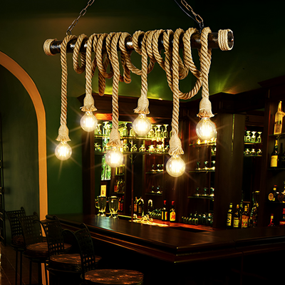 Lustra Vintage cu Franghie PEDRO, 6 x E27 Lemn Inchis