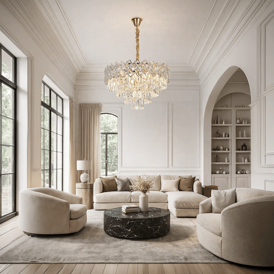 Candelabru Cristal WINDSOR Eleganza 8x E14, Diametru 39cm, Auriu Lucios, Inaltime Reglabila, Metal si Cristal