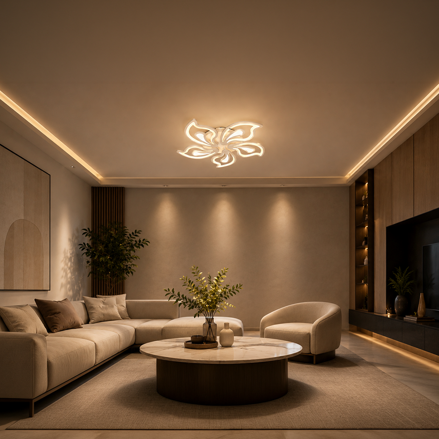 Lustra LED cu telecomanda GLORIOSA 95W, 5 Petale, lumina Rece/Calda/Neutra, Dimabila, Alb